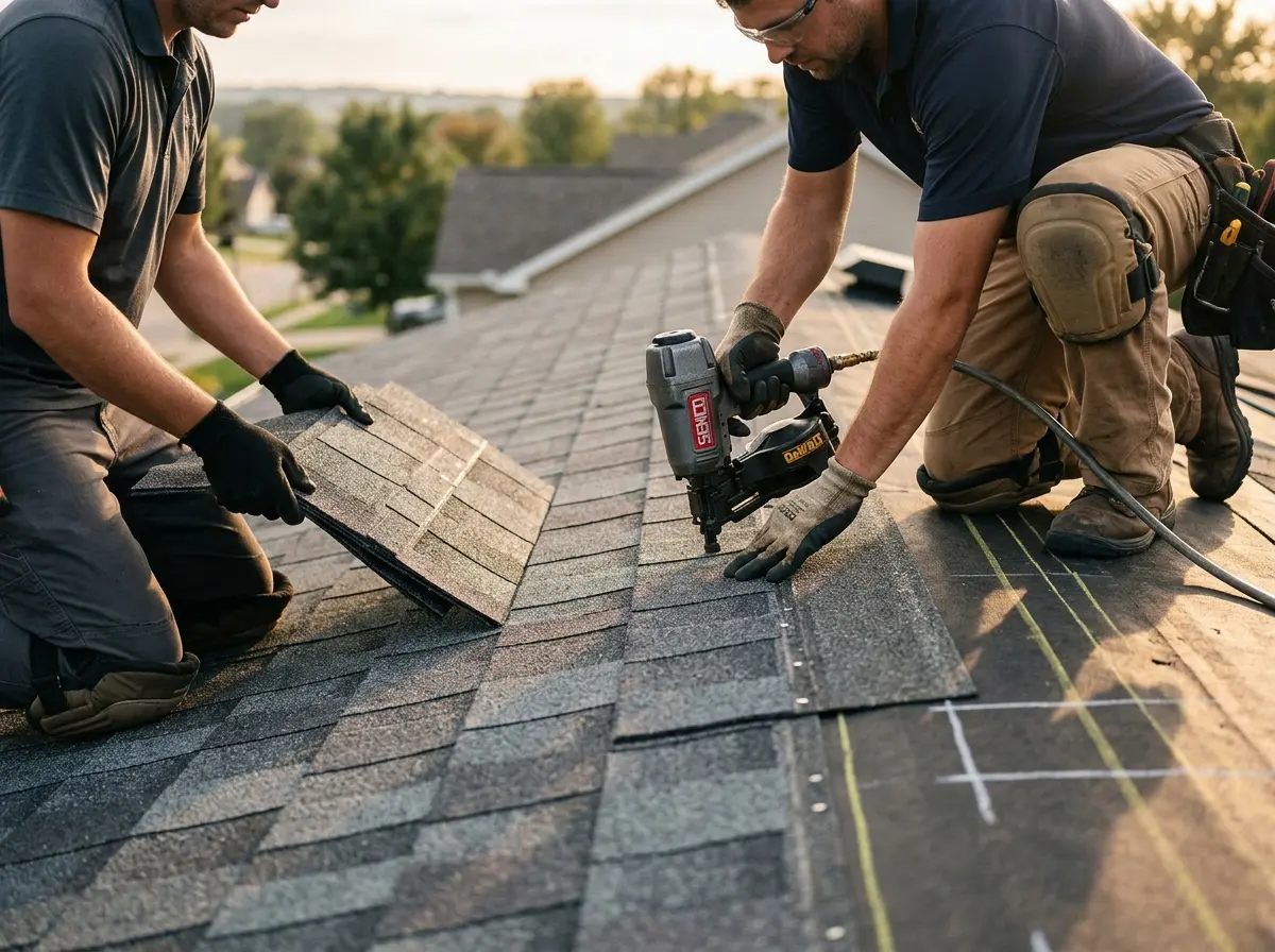 Professional roofer working on a residential roof in Harpswell